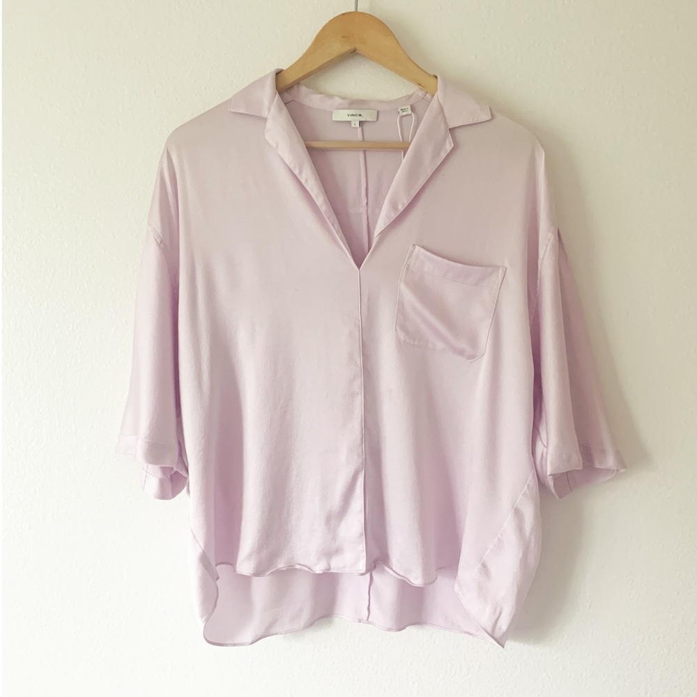 NEW Vince Satin 100% Silk Pajama Shirt Blouse, Pale Iris (Purple) Size S $295 - Picture 6 of 10
